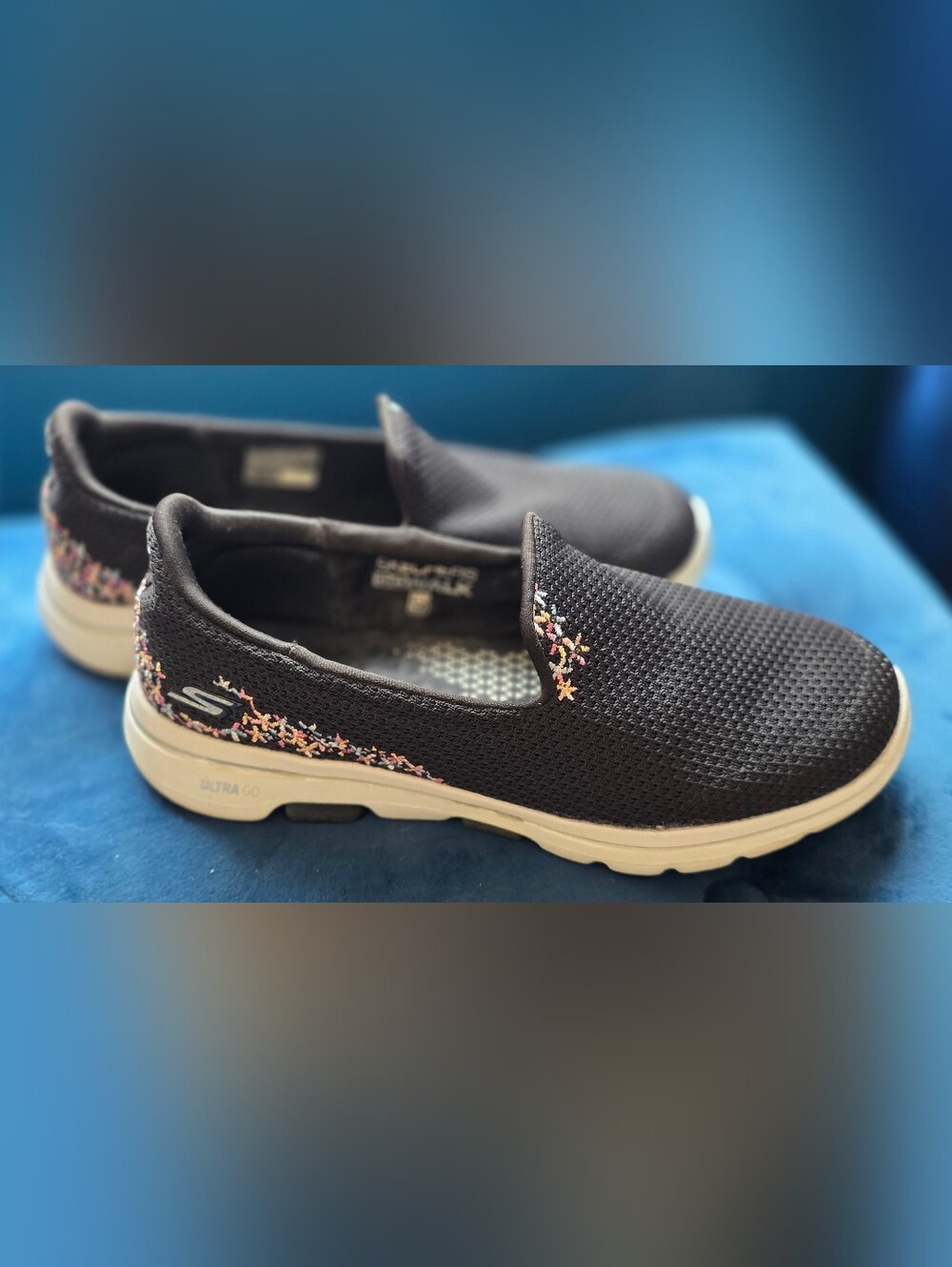 Skechers Go Walk 5 Black With Colorful Embroidery Slip-On Knit Sneakers